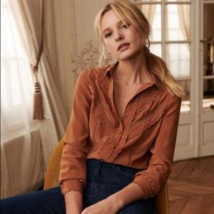 • Sezane • Silk Lace-Detail Button-Down Blouse Caramel Coffee Brown